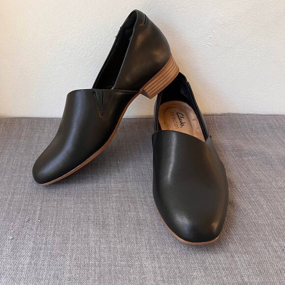 Clarks Juliet Palm Loafers Women Size 5 Black Leather Comfort Flats Slip On Work - Picture 1 of 9